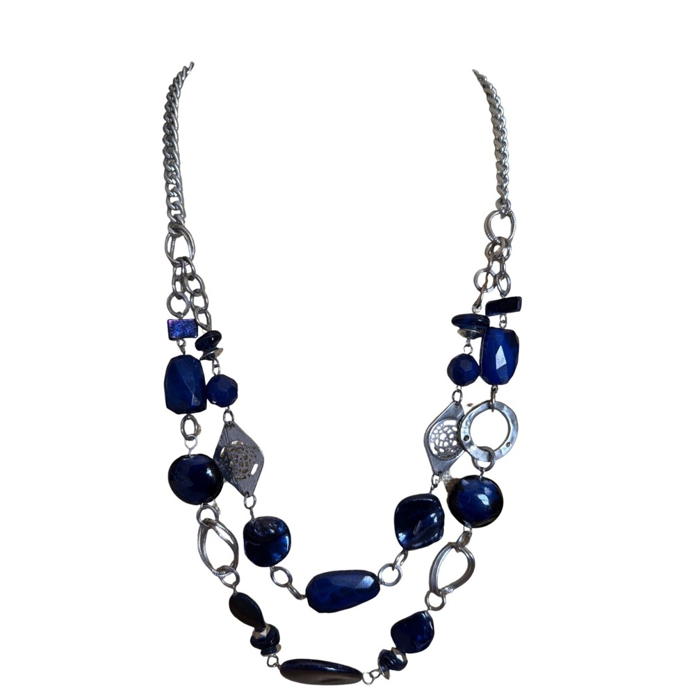 Blue Bead‎ Layered Statement Necklace Silver Tone Chunky Chain Eclectic Boho